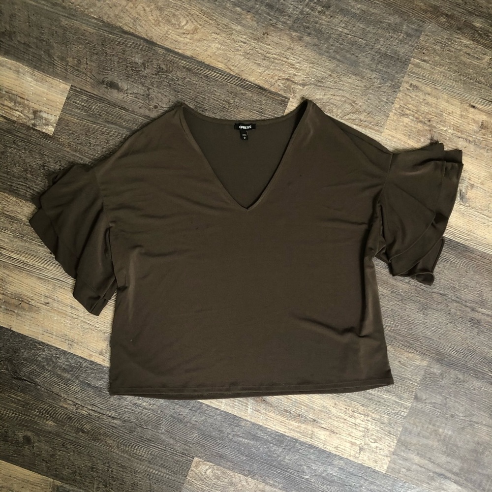 Express Olive Short Ruffled Sleeve Top - Picture 1 of 4